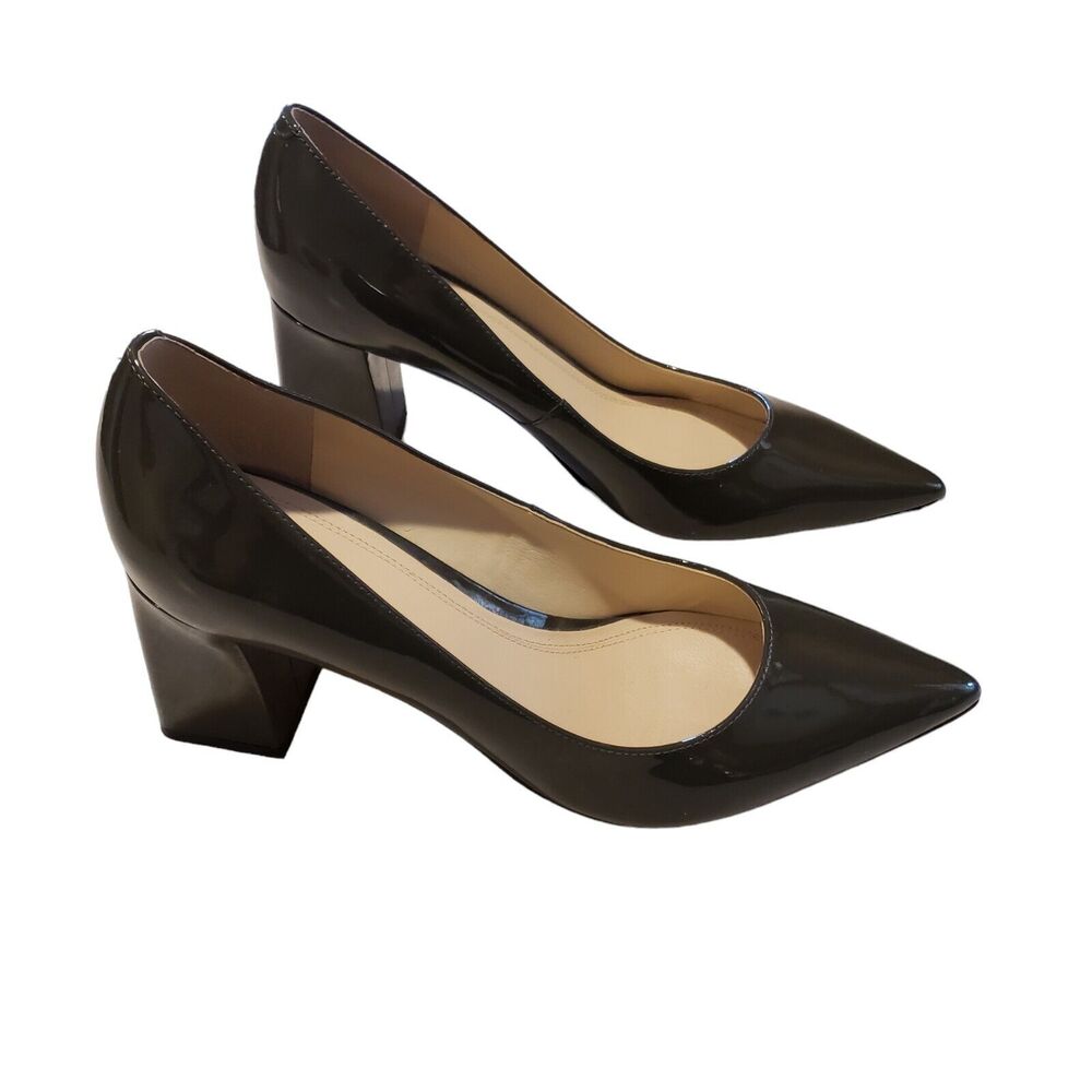 Marc Fisher Black Patent Pointed Toe Mid Block Heel Pumps